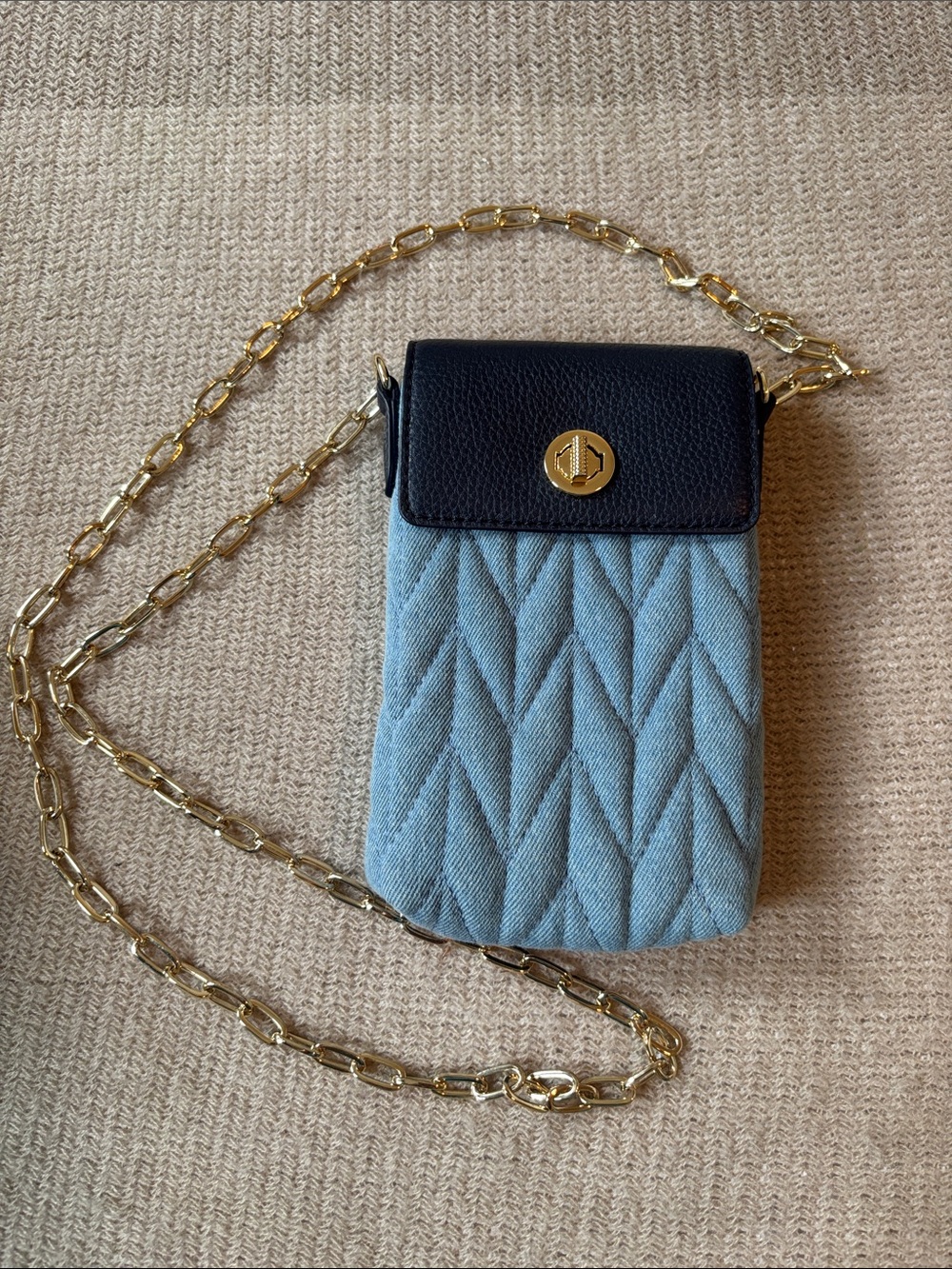 Talbots Quilted Denim & Leather Crossbody with Gold Chain